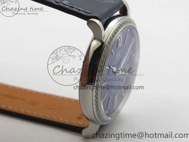 MIROTIME 1224 Portofino 37mm SS V7F 1:1 Best Edition Blue Dial Diamonds Bezel on Blue Leather Strap A Chic 7093